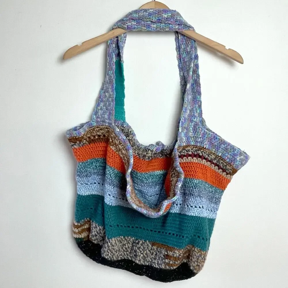 Handmade Crochet Knit‎ Stripe Patchwork Shoulder Bag Boho Cottage Fairy Y2K